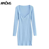 Aproms Elegant Square Neck Ribbed Knitted Dresses Women Casual Long Sleeve High Stretch Basic Bodycon Dress Streetwear Vestidos