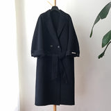 2023 Korean Winter Fat-Sleeved Lacing Belt Long Loose Bathrobe Woolen Overcoat Jacket Warm Thicked Pure Color Wool Coat Women