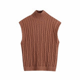 Ardm Za 2020 Women Fashion With Ribbed Trim Cable-knit Sweater Vest Vintage High Neck Sleeveless Twist Female Waistcoat Chic Top