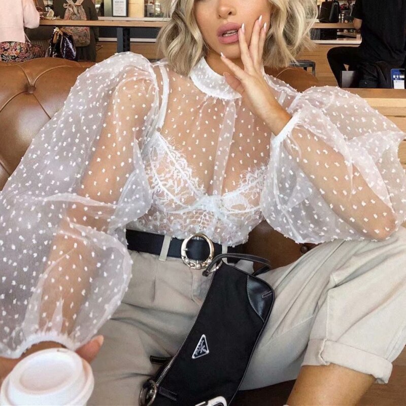 Sexy Woman Polka Dot Seethrough Blouses 2023 Spring Fashion Ladies Base Transparent Outwear Female Elegant Puff Sleeve Tops