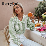 BerryGo Autumn Office Lady Gingham Square Pattern Shirt Women Casual V-neck Brown Skinny Blouse Female Regular Sleeves Top 2023