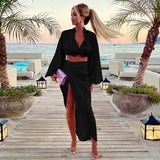 Billlnai Elegant Solid Black Maxi Dress Robe Women Casual Two Pieces Dress Sets Boho Beach Style Long Dress Slit Vestido Feminino Blouse