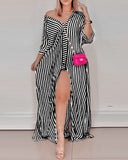 2023 Autumn Striped Leopard Print Shirt Maxi Dress Women Casual Button V Neck Long Sleeve Split Elegant Party Beach Dresses Robe