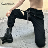 Billlnai  Goth Black Cargo Pants Women Punk Style Metal Chain Girl Clothes Zip Open Hippie Elastic High Waist Streetwear Jogger