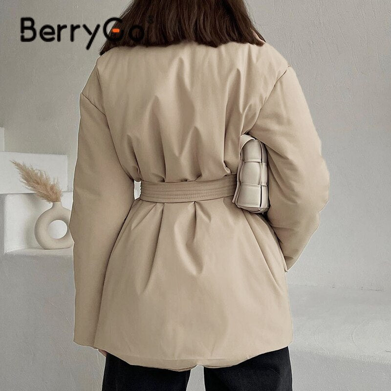 BerryGo Za sheath belt women winter parka solid Causal pocket long sleeve ladies coat Fashion office short top coat jackets 2023