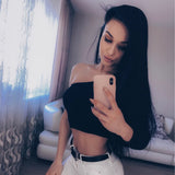 Off Shoulder Sexy Female Knitted Crop Top Women White Black Tops Streetwear Elastic Short T Shirt Knitting Cropped T-Shirt