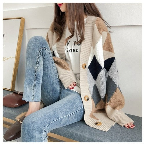 Billlnai  2023  Knitted Cardigan for Women  Korean Fashion Elegant Casual Plaid V-Neck Sweater Women's Knitted Jacket Sweaters Oversize