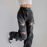 Billlnai Vintage Ripped Hole Jeans Women Baggy Cut Out High Waist Denim Pants Summer Korean y2k Streetwear Fashion Straight Jeans