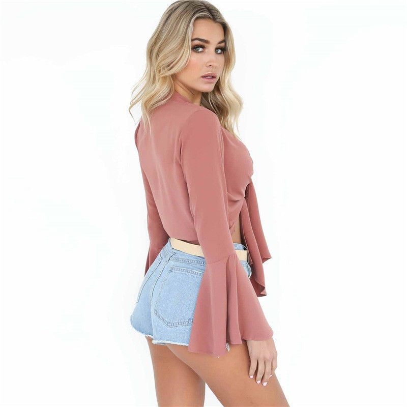 Billlnai Summer Womens Shirts Fashion Butterfly Sleeve Lace Up Bandage Sexy Short Shirts Ladies Casual Banded Solid Color Tops