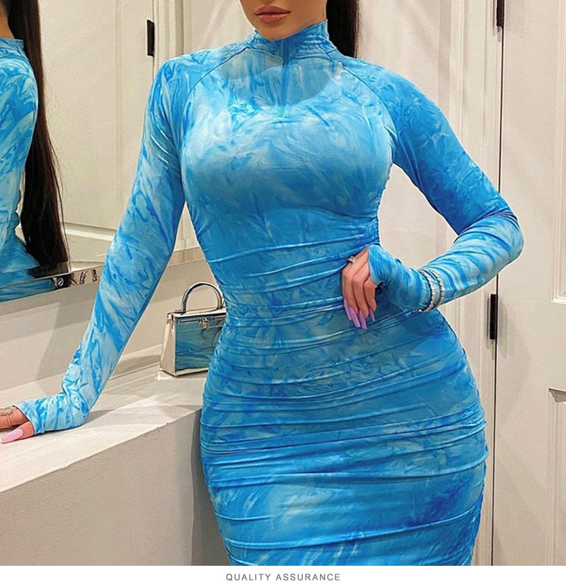 Women Bodycon Dresses Plus Size 5XL Summer 2023 Lady Long Sleeve Dress Pleated Printed Evening Sexy Party Female Clothing