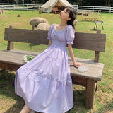 Christmas Gift Puff Sleeve Dress Women Summer Sundress Vintage Purple Elegant Wrap Ruched Kawaii Dress for Holiday Ladies Party Mori Girl