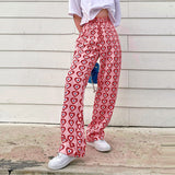 Y2K Pink Heart Printed Women's Pants Straight High Waist Drawstring Long Pants Woman Streetwear 2023 Summer Harajuku Trousers