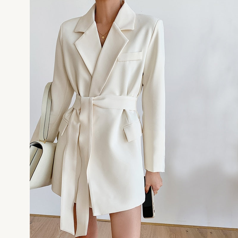 Billlnai  2023  Women's Spring Jackets  Elegant White Black Office Wear with Belt Suit Blazer Coat Long Sleeve Ladies Blazer Dress for Women