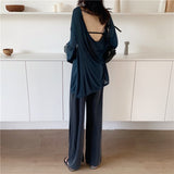 Two Piece Set Top and Pants Long Sleeve O-neck Loose Sexy Backless Slightly Transparent and High Waist Wide Leg Pants Trousers