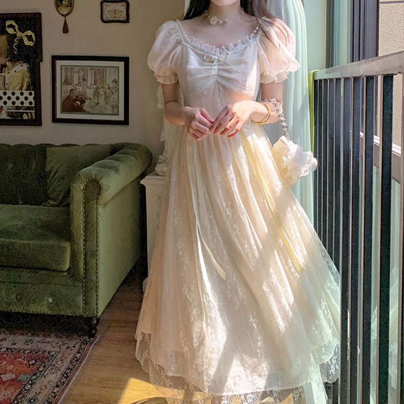 Elegant Princess Dress Women Vintage Lace-up Party Long Fairy Dresses for Women 2023 Summer Victorian Wedding Midi Dress Korean
