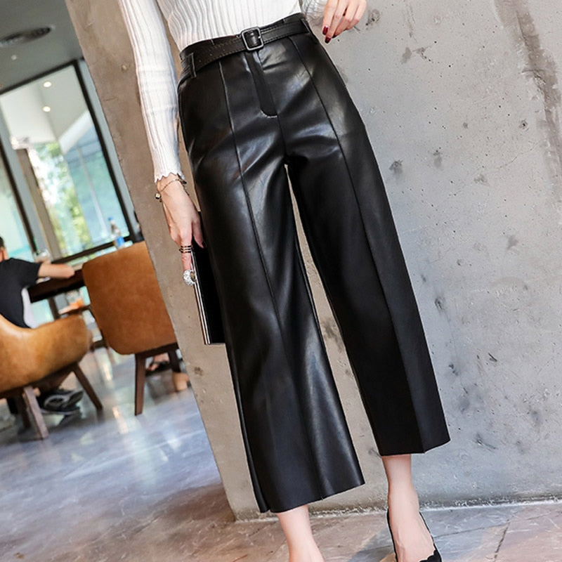Billlnai Women's PU Leather Pants With Belt High Waisted Wide Leg Anke-length Women's Trousers 2023 Winter Autumn NEW Fashion Clothes