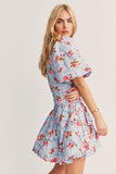 Billlnai 2023 Summer Women's Pleated Flower Print Mini Dress Fashion Square Neck Puff Short Sleeve Women's Mini Dress
