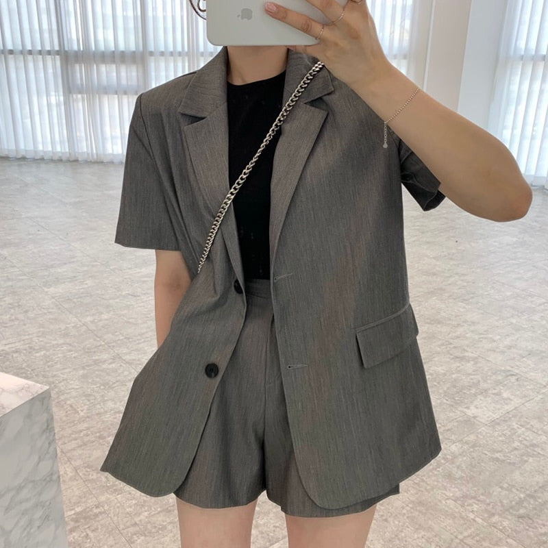 Summer Korean Shorts Sets Office Lady 2 Two Piece Set Women High Waist Short Pant and Short Sleeve Blazer Suits Casual Outfits