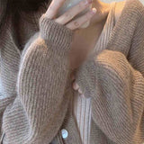 Korean Chic Autumn Winter Casual V Neck Long Sleeve Cardigans Vintage Single Breasted Knit Cardigan Office Lady Elegant Sweater