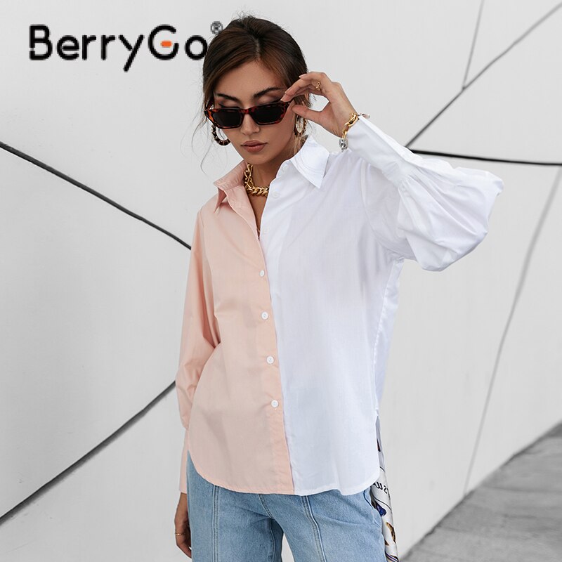 BerryGo Autumn Color Block Office Lady Shirt Casual Blouse Solid Cotton Lapel Collar Women Shirt Lantern Sleeves Female Top 2023