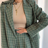 BerryGo Elegant plaid two-pieces women blazer suit Casual streetwear suits female blazer set Chic office ladies women coat suit