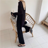 Two Piece Set Top and Pants Long Sleeve O-neck Loose Sexy Backless Slightly Transparent and High Waist Wide Leg Pants Trousers