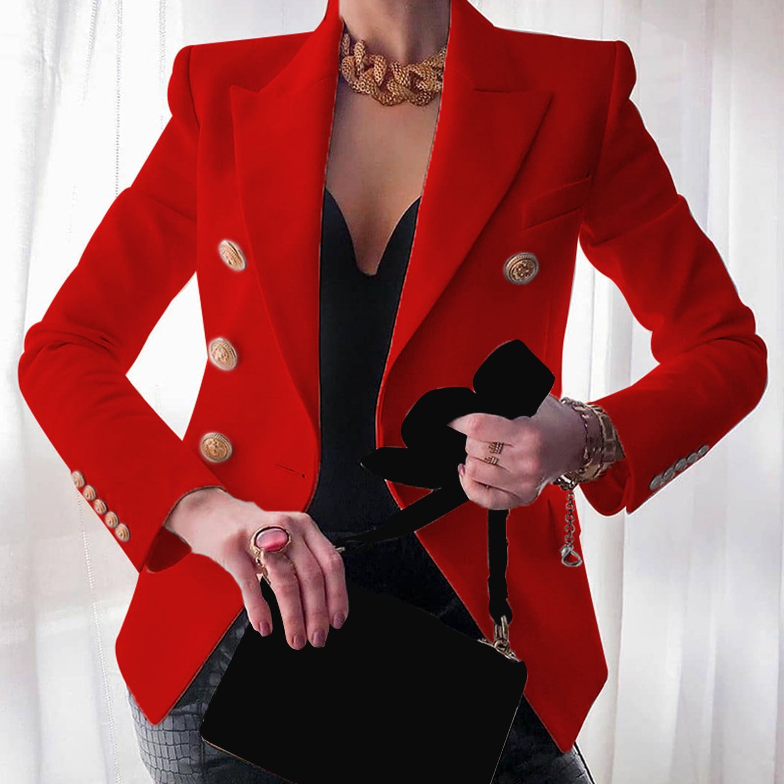 Billlnai 2023 New Fashion Business Office Work Women Lady Solid Double-Breasted Suit Jacket Elegant Chic V-Neck Necklace Coat Outwear
