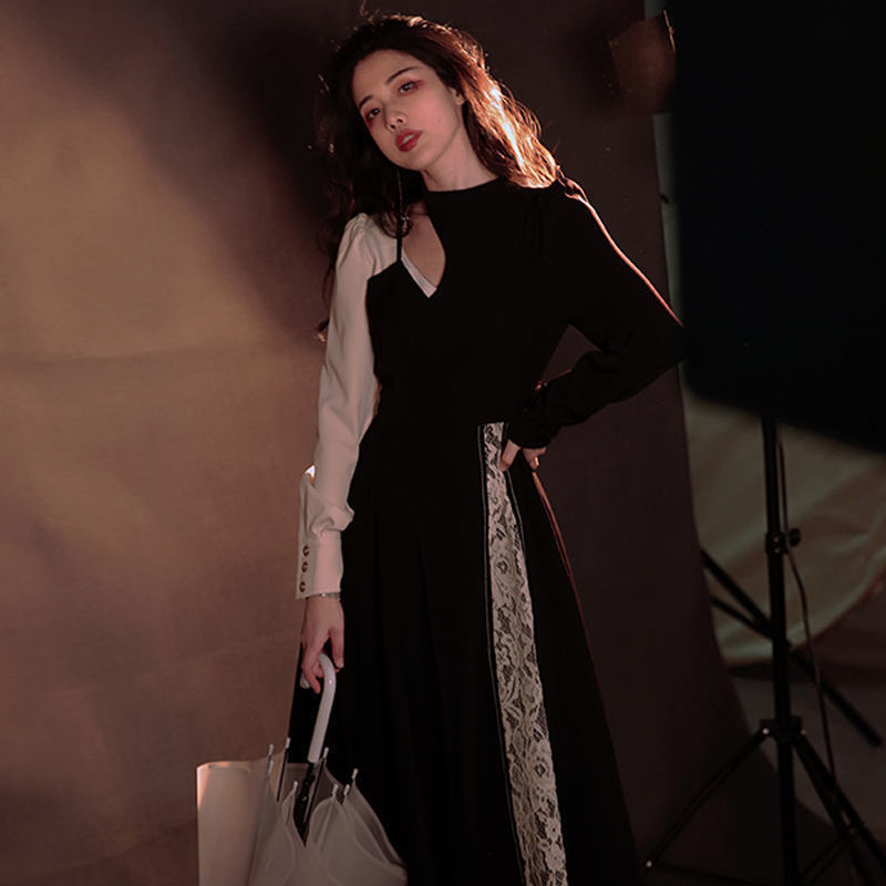 Billlnai 2023 Spring Design One Piece Dress Korea Casual Long Sleeve Lace Elegant Vintage Dress Women Fake Two Piece Sweet Midi Dress Y2k