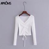 Aproms Sexy V Neck Ribbed Cropped T-shirt Women Elegant Drawstring Tie Up Ruched Tshirt Streetwear Solid Slim Crop Top 2023 New