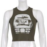 Bold Shade Grunge Retro Style 90s Tank Printed Navel Rib Sleeveless Women Summer Vest Indie Fashion Y2K Slim Basic Cropped Tanks