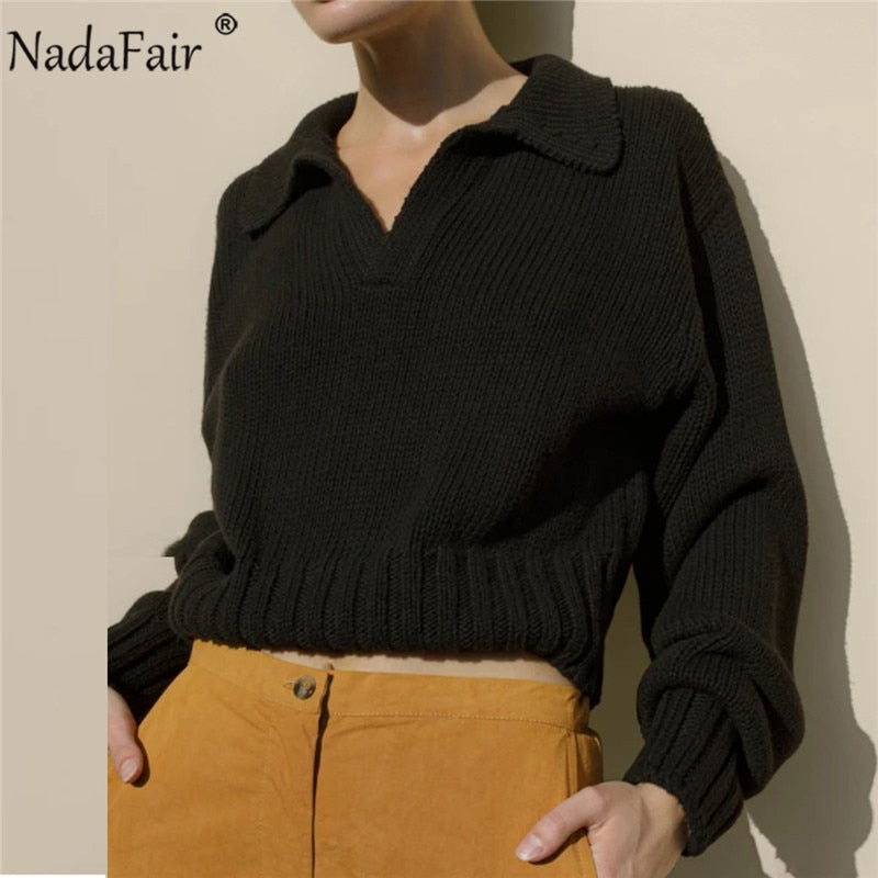 Christmas Gift Nadafair Turn-down Collar Casual Knitted Pullovers Women Green 2023Tops Autumn Winter Clothing Long Sleeve Slim Sweater Jumper