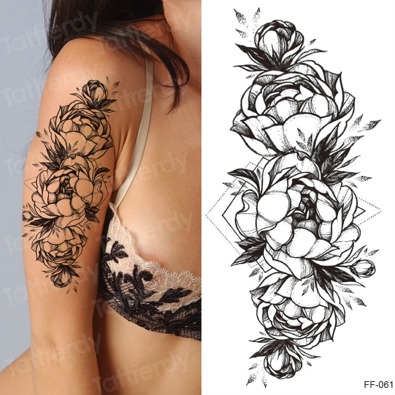 Billlnai Rose Peony Flower Girls Temporary Tattoos For Women Waterproof Black Tattoo Stickers 3D Blossom Lady Shoulder DIY Tatoos Water
