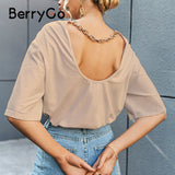 BerryGo Casual backless chain white women t-shirts Cotton round neck loose tshirt female High street fashion summer top shirt