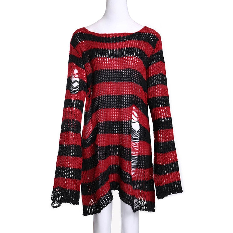 Rosetic Halloween Women Sweater Long Sleeve Pullover Striped Loose Gothic Winter Autumn Hole Knitted Sweaters Jumper Mujer Goth