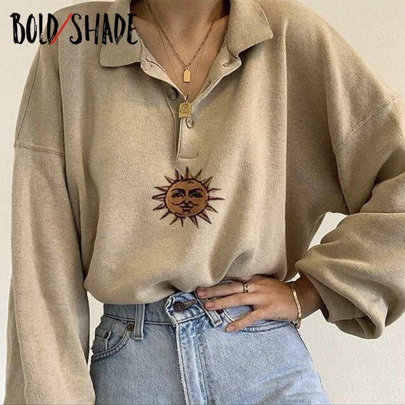 Bold Shade Vintage 90s Fashion Indie Aesthetic Sweatshirts Embroidery Turn-down Collar Women Long Sleeve Hoodies Autumn Winter