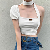 Billlnai 2023 Graduation party  Gothic Sexy Halter Tops Summer Streetwear Y2K Skinny Puff Sleeve White Crop Top Women Casual One Shoulder T Shirt