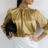 Billlnai  Graduation Party Celmia Women Satin Blouse 2023 Fashion Elegant Tunic Slik Tops Autumn Solid High Collar Shirt Long Sleeve Party Blusas Femininas