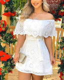 Billlnai  Graduation Party 2023 Summer Solid Off Shoulder Broderie Lace Mini White Mini Dress Skinny Bodycon With Sashes Sexy
