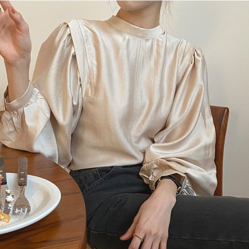 Women Autumn Spring Lantern Sleeve Stand Collar Office Lady Work Blouse Solid Vintage Shirts