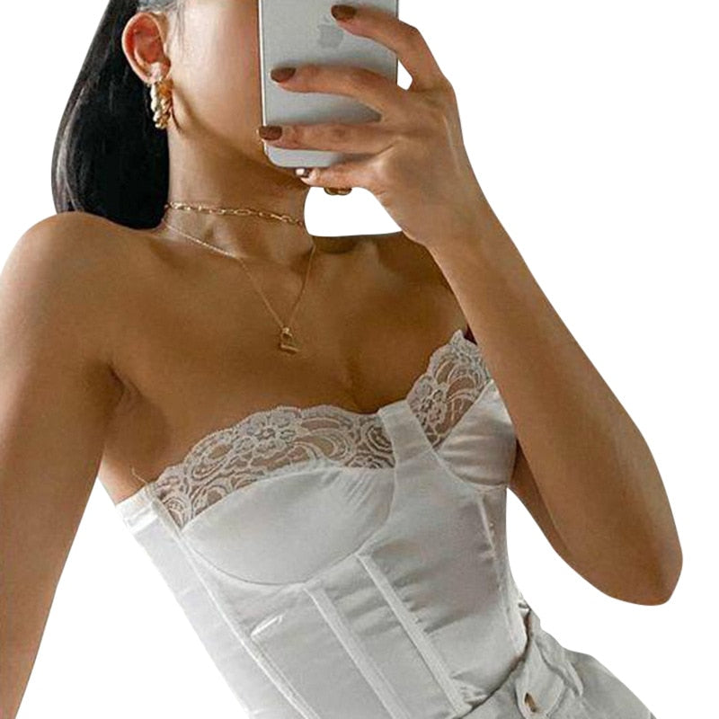 Sexy Satin Lace Corset Cupped Crop Tops for Women Strapless Off Shoulder Tube Top Sleeveless Backless Feminino Top Streetwear