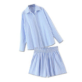 Aproms Blue Striped Oversized 2 Piece Set Women 2023 Summer Casual Long Sleeve Shirt and Shorts Cool Girls Holiday Fashion Suit