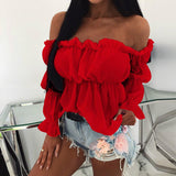 Womens Tops and Blouses Sexy Solid Color Off Shoulder Ruff Sleeve Long Sleeve Ruffled Women Blouse Women Shirts