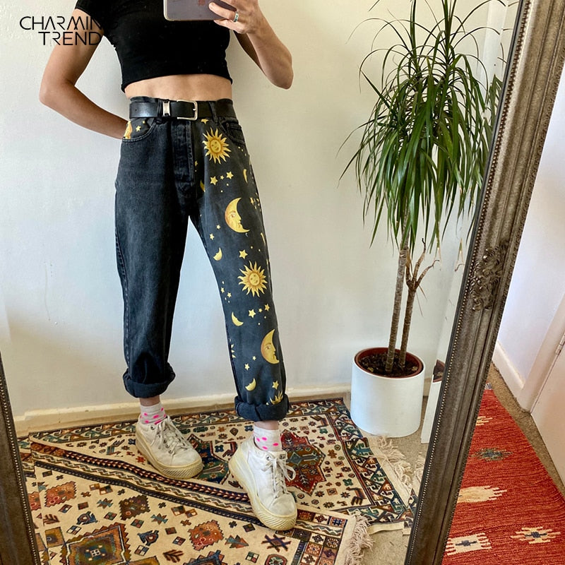 High Waist Loose Jeans For Women Sun Moon Star Pattern Plus Size Casual Straight Denim Pants Streetwear Washed Boyfriend Jeans