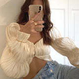 Sexy Solid Folds Crop Top Women's T-Shirt Square Collar Lantern Sleeve Buttons Hollow Out Top Female Casual Party Club Blouse