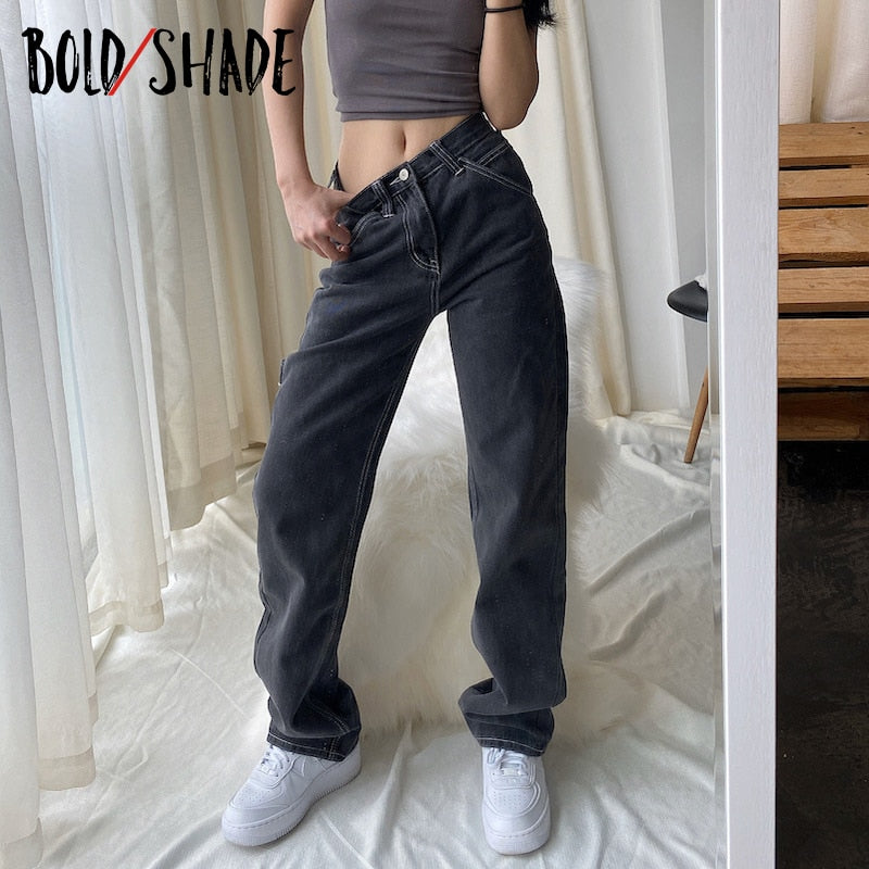 Bold Shade Streetwear Fashion Grunge Jeans High Waist Straight Boy Friend Pants Solid Teen Style Women Loose  Jeans Fall Winter