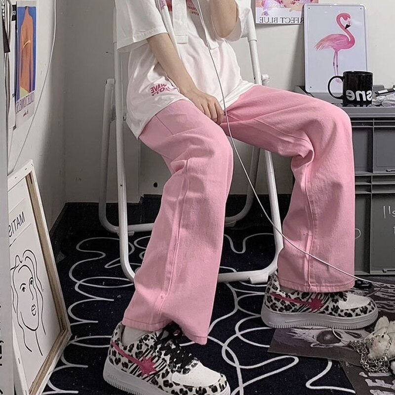 Women Wide Leg Jeans Denim Pink Loose High Waist Heart Chain All-match Fashion Kawaii Summer Thin Casual Cute Leisure Breathable