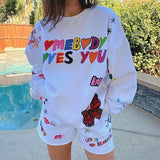 WeiYao Letter Butterfly Print Graphic Sweatershirts Women White Casual Cute Sweat Tops 90s O Neck Long Sleeve Autumn Baby Tees