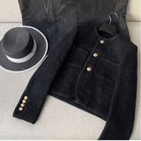 Christmas Gift New High Quality Women Fashion Jackets Black Tweed Two Pockets Golden Buttons Elegant Coats Spring Autumn Women Clothes