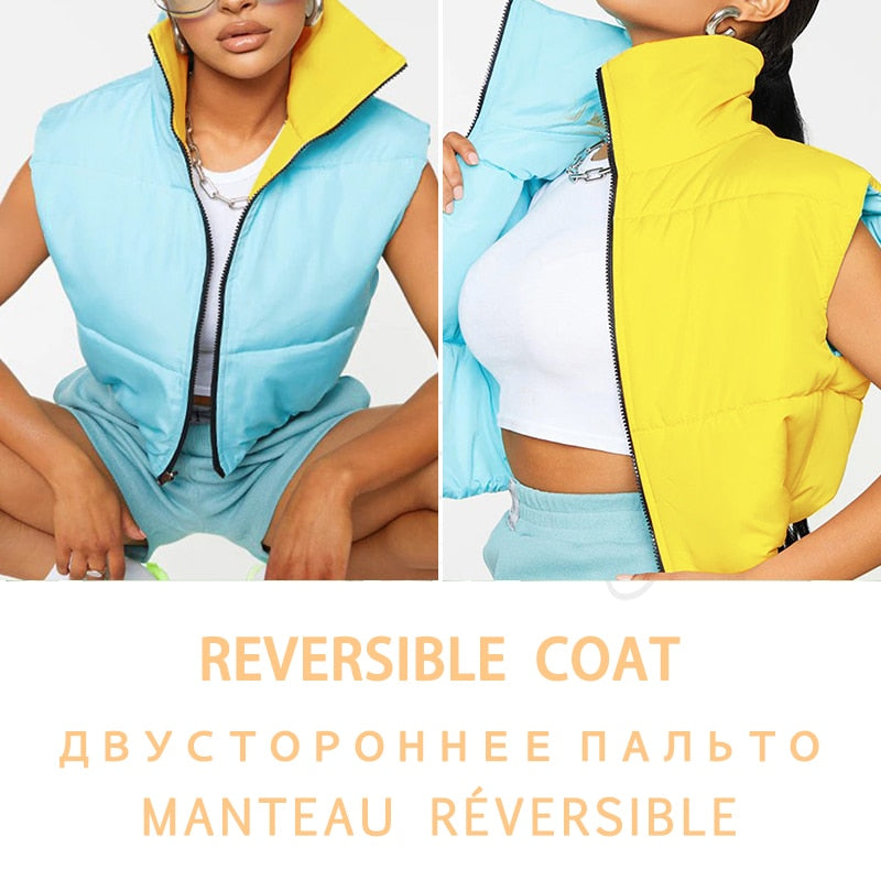 Tossy 2023 New Reversible Coat Vest Short Warm Jacket For Women Turtleneck Zipper Sleeveless Puffer Coat Female Winter New