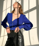 Billlnai Elegant v-neck puff sleeve blouse shirt autumn  High street peal button women's blouse  Fashion solid ladies crop tops